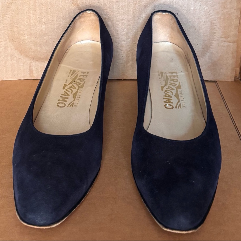 Salvatore Ferragamo Navy Suede Square-Toe Ballet Flats